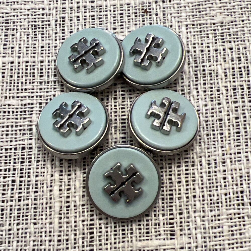 Tory Burch Logo (5) Buttons Silver Teal Blue Logo Used VERY GOOD